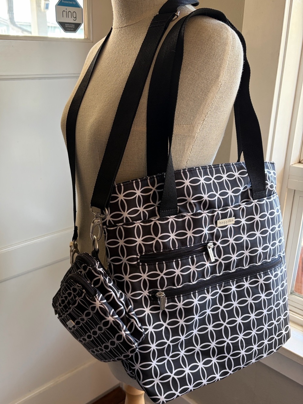Baggallini Geometric Black & White Tote and Shoulder Bags - Two Piece Set